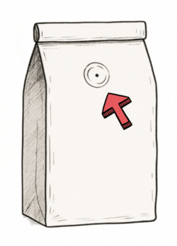 Coffee bag with an arrow pointing to gas valve