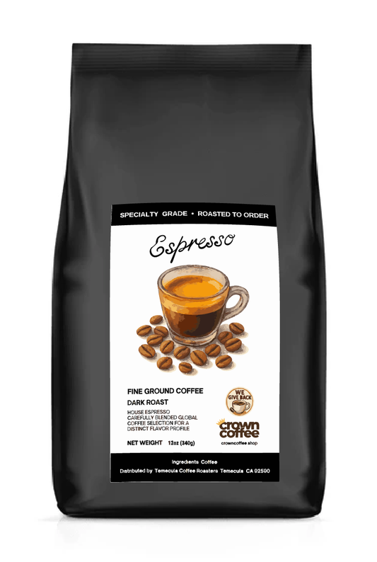 Black flat bottom bag. Drawing of espresso cup and beans