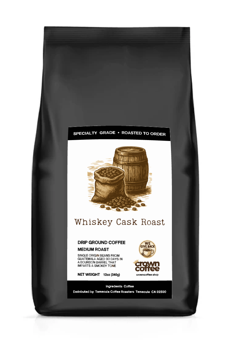 Black flat bottom bag. Drawing of whiskey barrel and bag of coffee beans