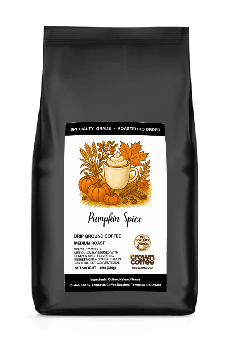 Black flat bottom bag. Drawing of coffee surrounded by fall decorations 