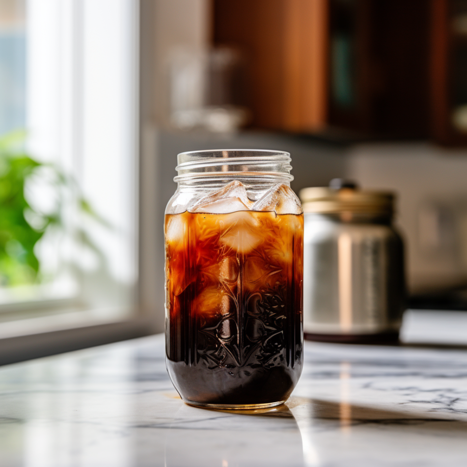 a glass mason jar sitting on a marble counter top near a window filled with cold brew coffee and ice