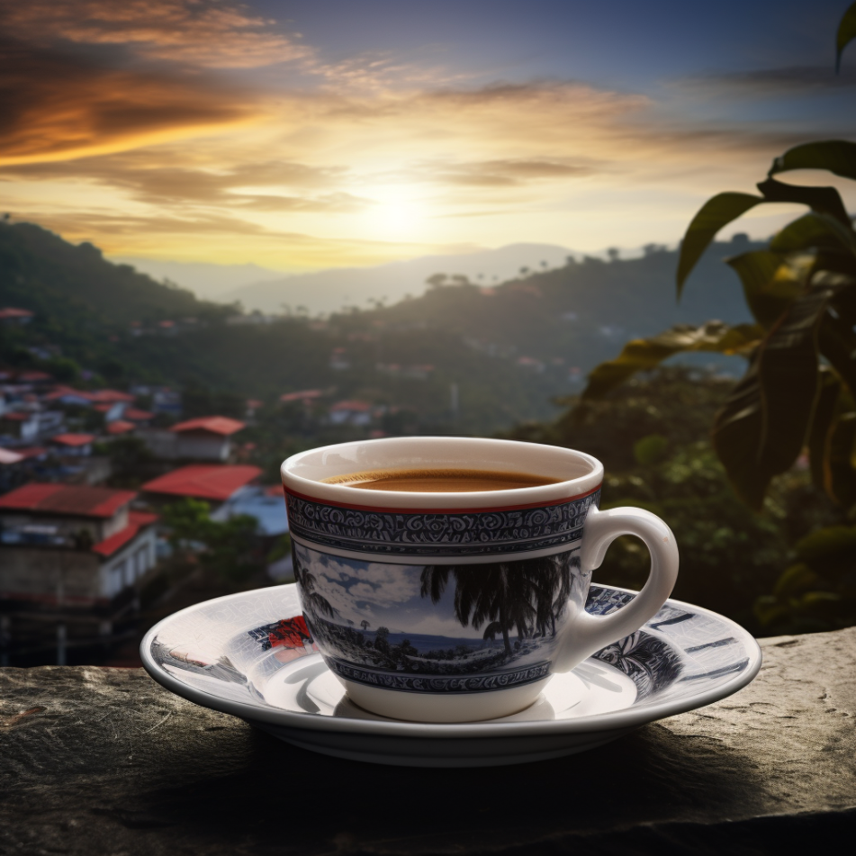 a white and blue coffee cup sitting on a ledge with a Columbian sunrise in the background