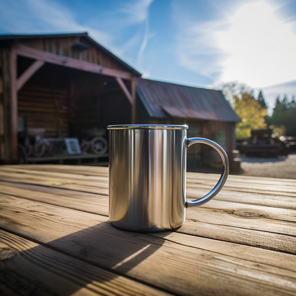 a stainless steel camping mug on a picnic table at sunrise win a wooden barn behind it