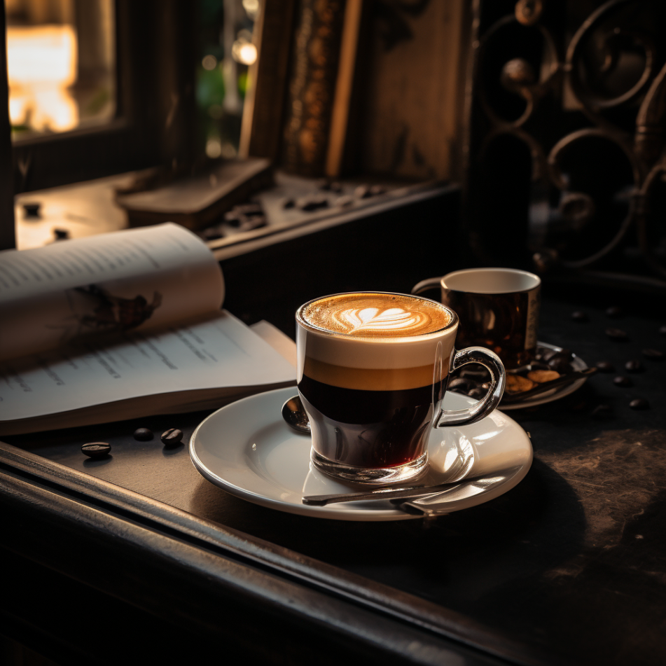 a clear glass espresso cup with milk art on it sitting next to a book on a dark table