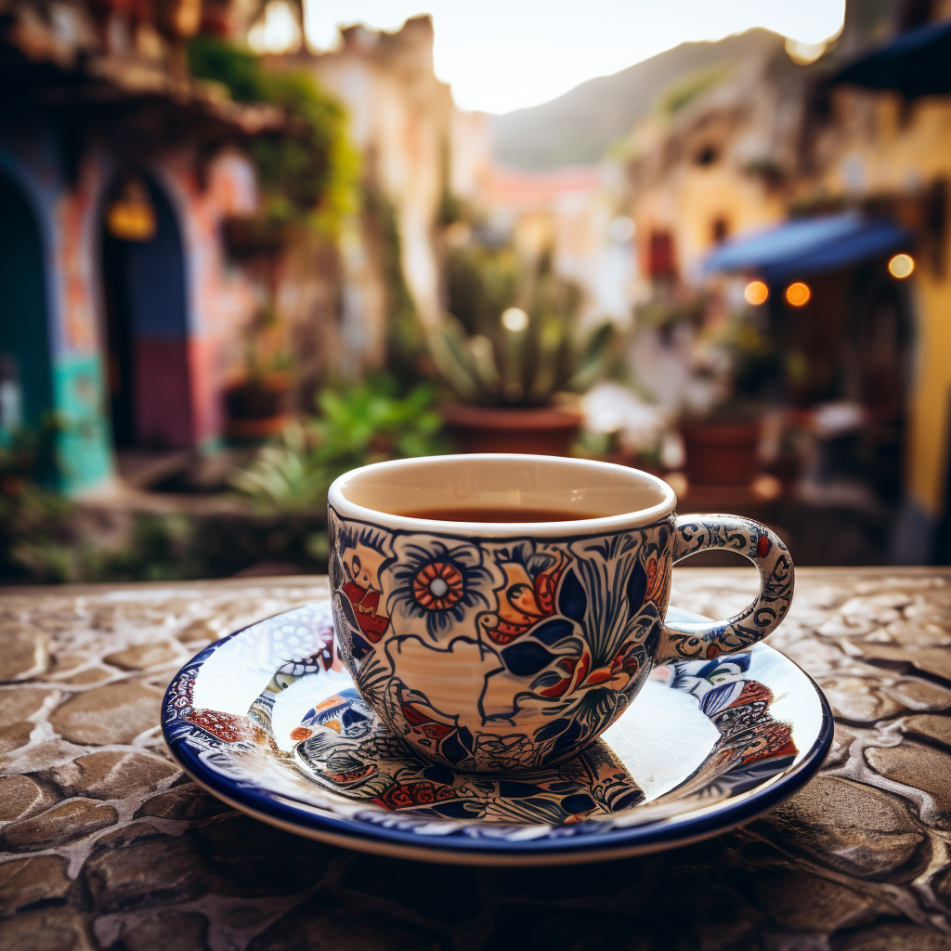 floral coffee cup on a stone table with colorful homes in the background