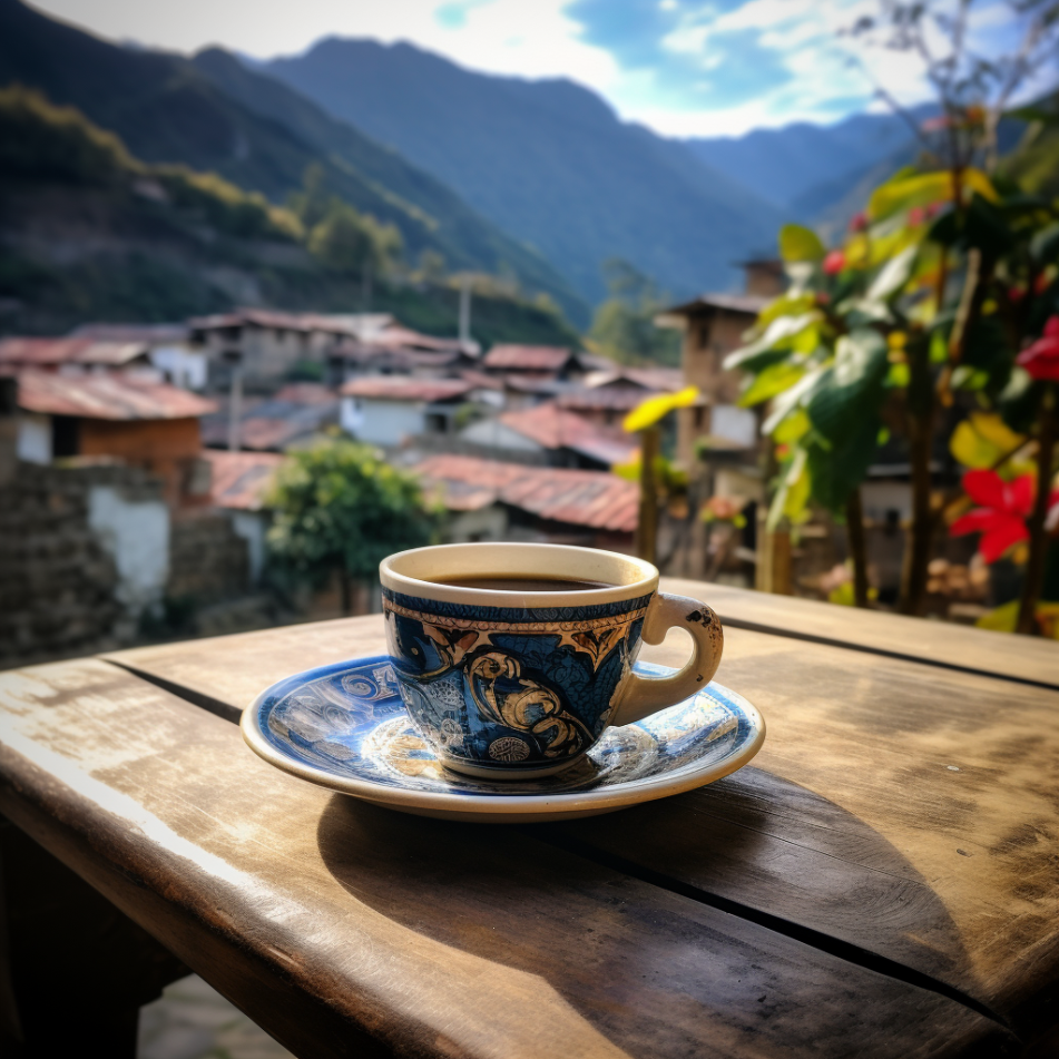 a coffee cup and saucer on a wooden table outside with homes and Peruvian mountains behind in