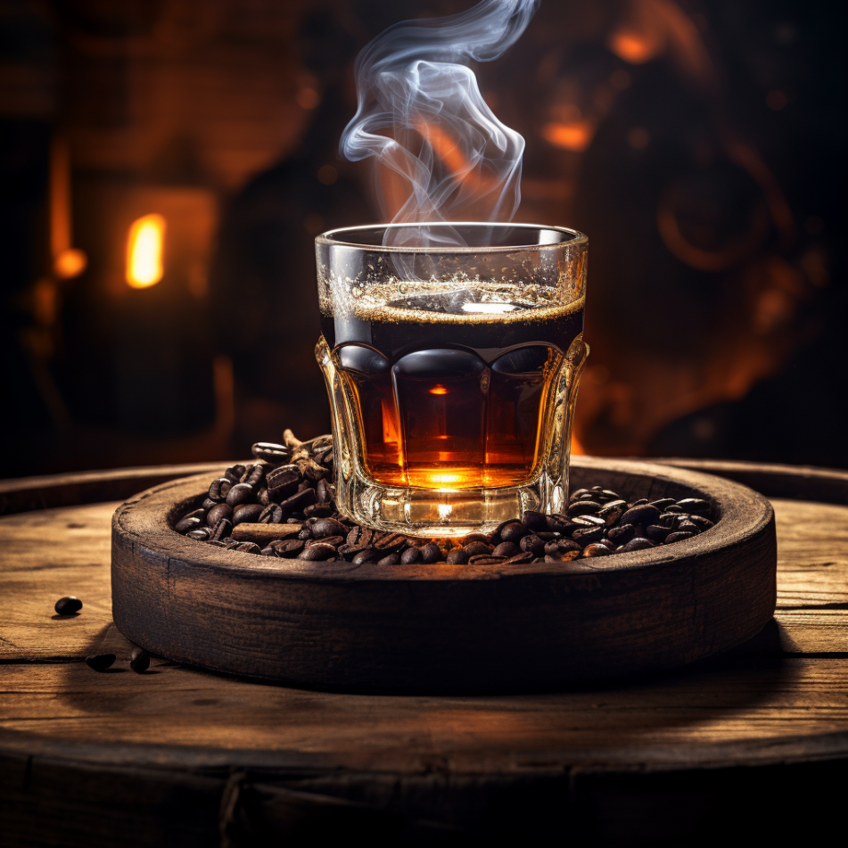 a short fluted glass sitting on a whiskey barrel with coffee beans around it and steam coming off the coffee